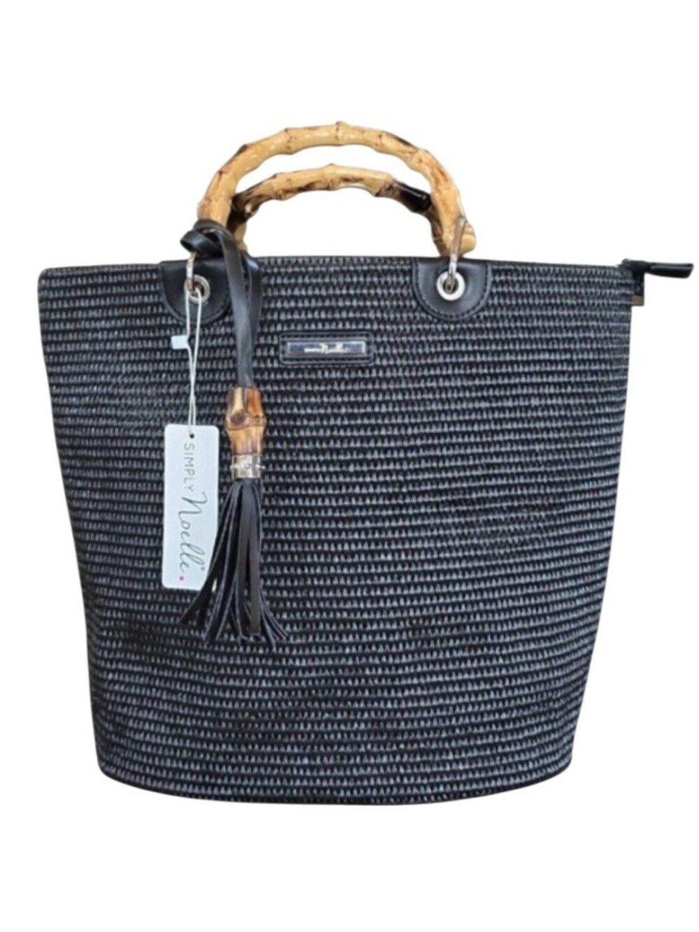 Simply Noelle Black Faux Straw Bamboo Top Handle Tote Handbag